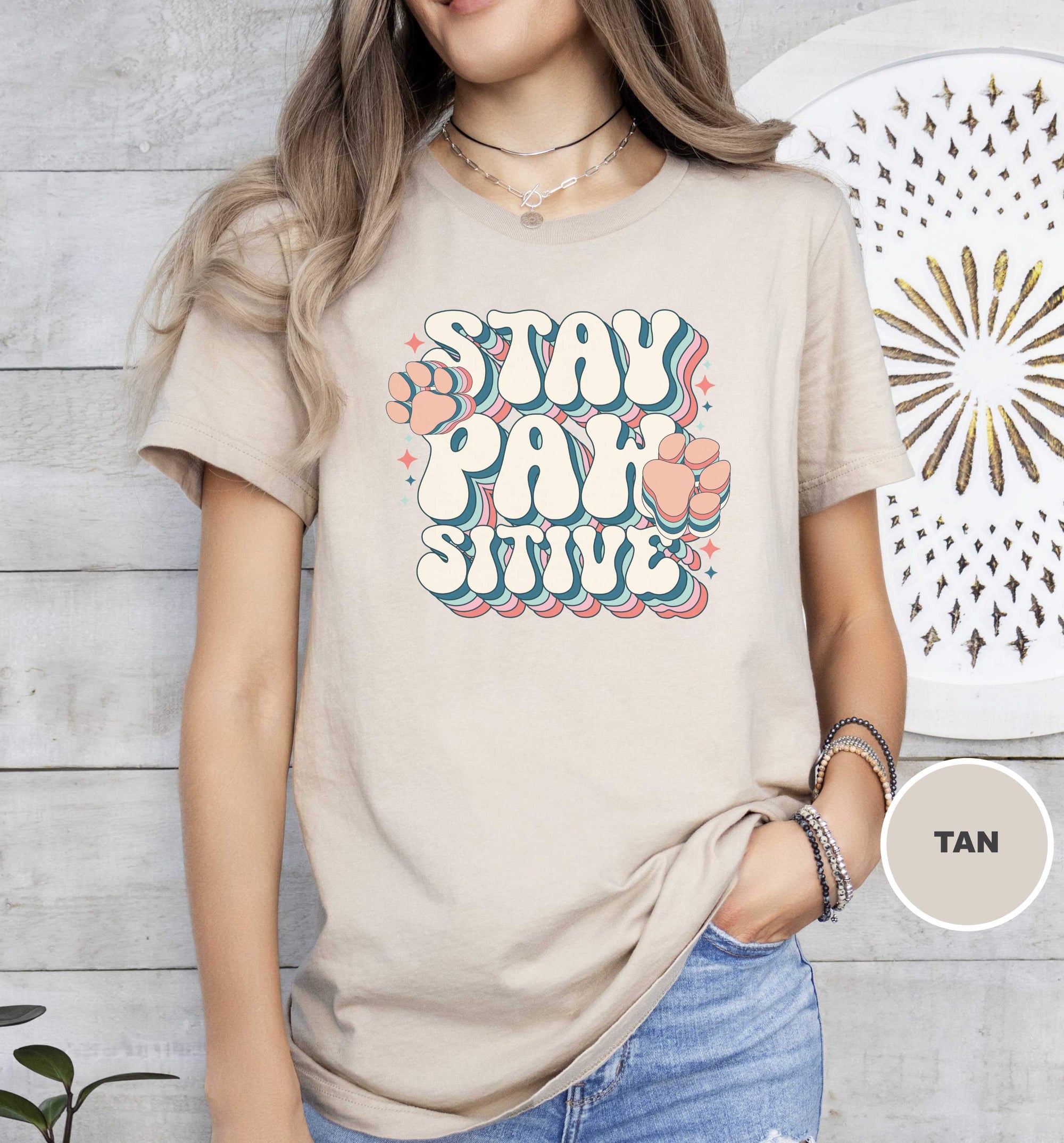 Stay Pawsitive Retro Pink Paw T-Shirt